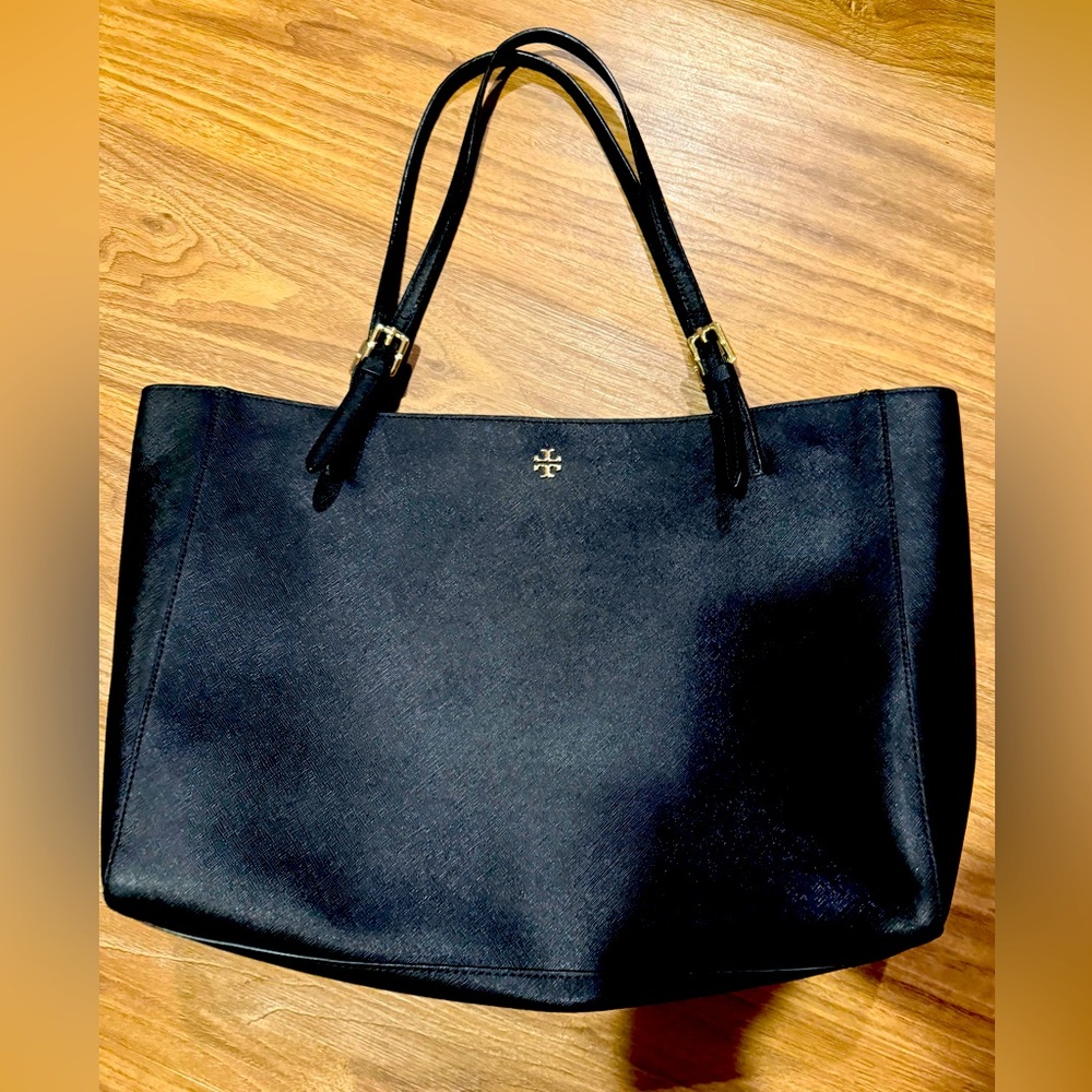 Tory Burch Black Leather Large York Buckle Tote Saffiano Leather Bag